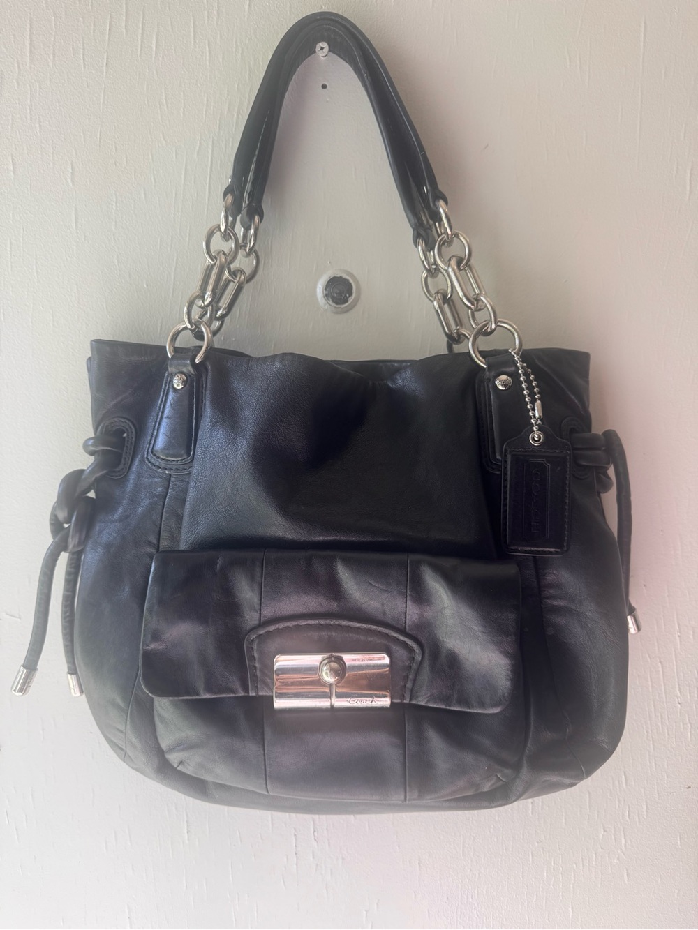 Coach Black Leather Shoulder Bag with Silver Chain Handles